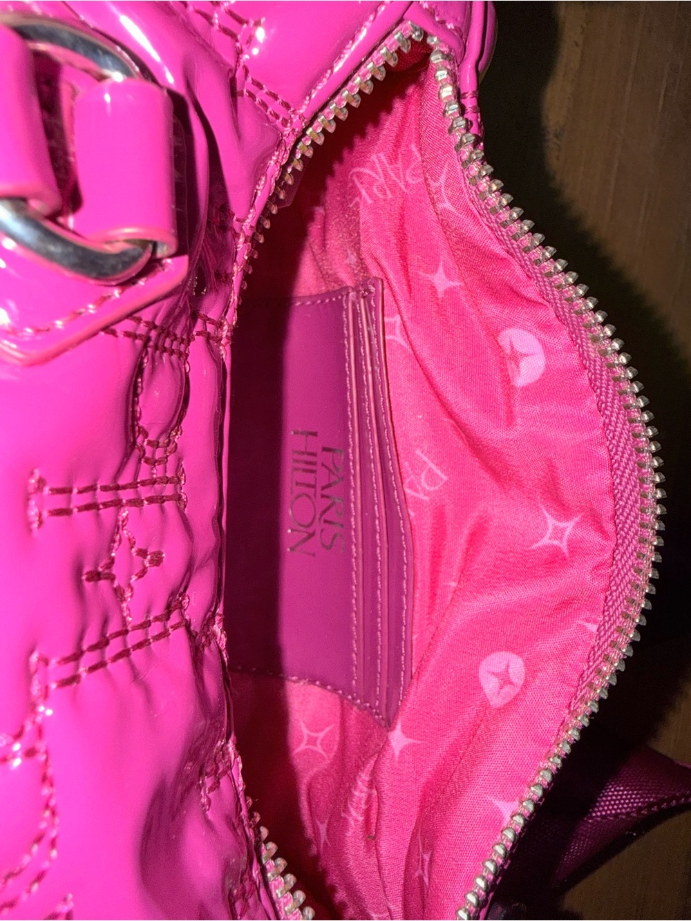 Paris Hilton Hot Pink Quilted Patent Barrel Satchel Bag - Picture 4 of 4